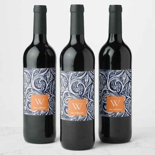 Bold Navy Rust Abstract Classy Botanical Monogram Wijn Etiket (Flessen)