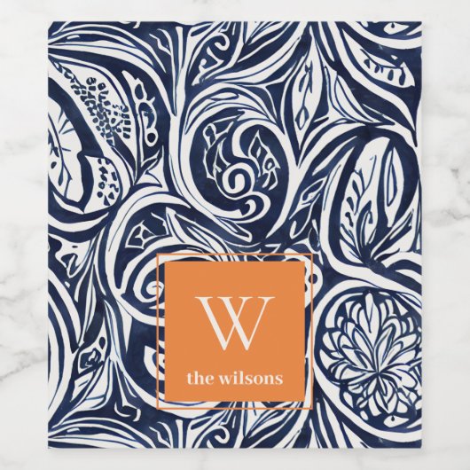 Bold Navy Rust Abstract Classy Botanical Monogram Wijn Etiket (Enkel label)