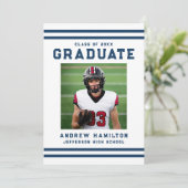 Bold Navy Stripes Athletic Photo Graduation Party Kaart (Staand voorkant)