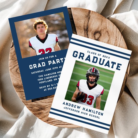 Bold Navy Stripes Athletic Photo Graduation Party Kaart