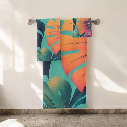 Bold Neon Monstera Vibrant Tropisch Bladpatroon Bad Handdoek