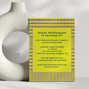 Bold Neon Yellow Plaid Fun 21ste Verjaardagsfeest Kaart