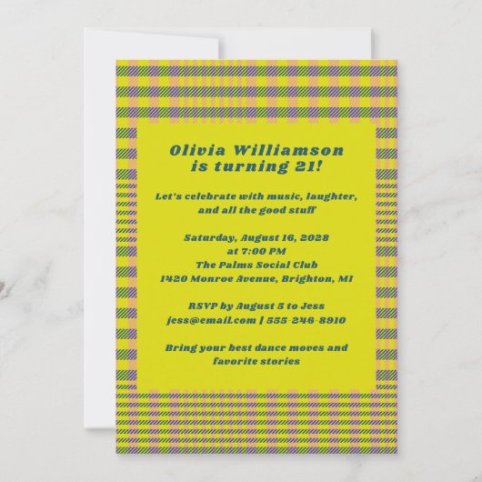 Bold Neon Yellow Plaid Fun 21ste Verjaardagsfeest Kaart (Voorkant)