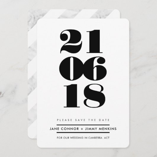BOLD NUMBER STACK Minimale zwarte datum opslaan Save The Date (Voorkant / Achterkant)