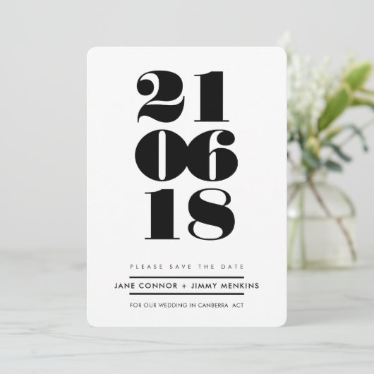 BOLD NUMBER STACK Minimale zwarte datum opslaan Save The Date (Staand voorkant)