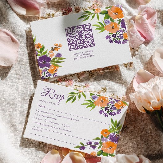 Bold Orange and Purple Floral QR Code Wedding RSVP Kaartje