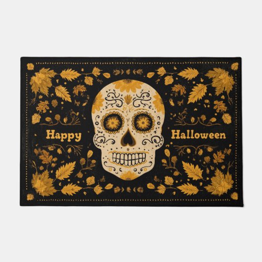 Bold Orange Happy Halloween Skull Deurmat (Voorkant)