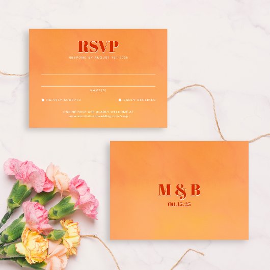 Bold Orange Watercolor Sunset Monogram Wedding RSVP Kaartje