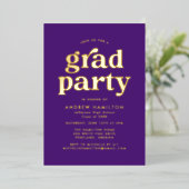 Bold Paars en Gold Photo Graduparty Folie Uitnodiging (Staand Voorkant)