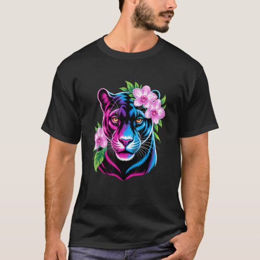 Bold Panther with Pink Flowers  T-shirt (Voorkant)