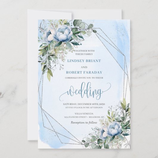 Bold Pastel Blue White Silver Peonies Wedding Kaart (Voorkant)