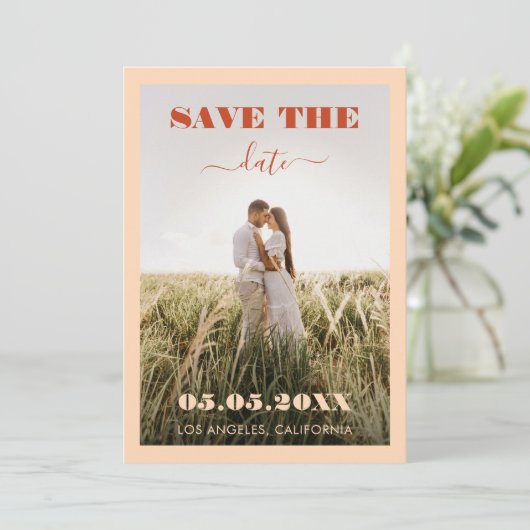 Bold Peach & Terracotta 2 Photo Simple Weddenschap Save The Date (Staand voorkant)