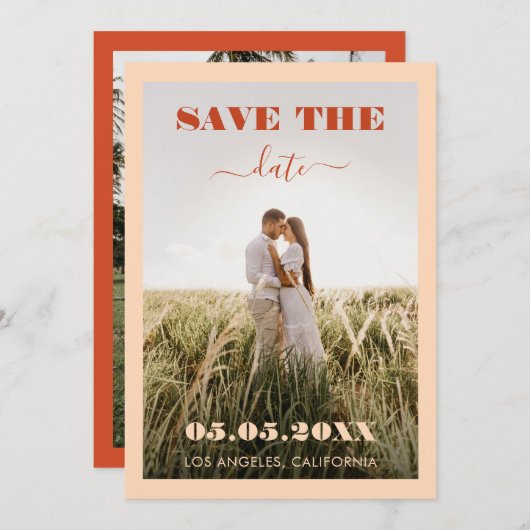 Bold Peach & Terracotta 2 Photo Simple Weddenschap Save The Date (Voorkant / Achterkant)