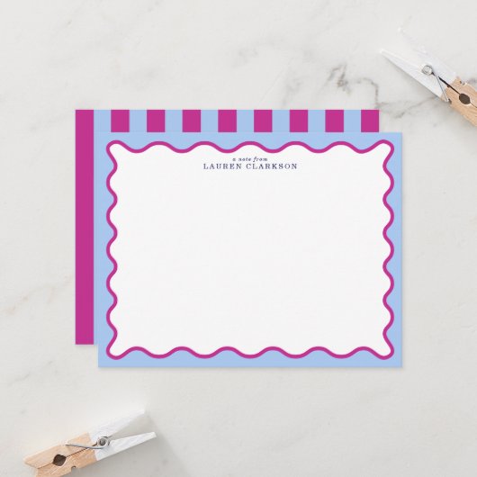 Bold Pink & Blue Striped Wavy Frame Note Card Kaart (Voorkant / Achterkant in situ)