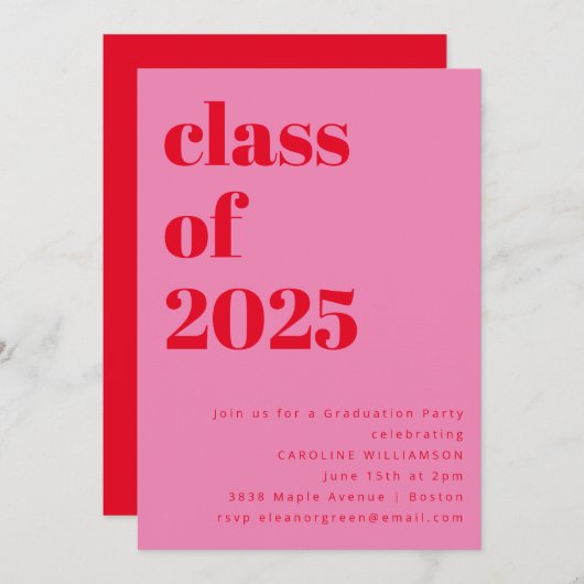 Bold Pink en Red Class of 2025 Afstudeerfeest Kaart (Voorkant / Achterkant)