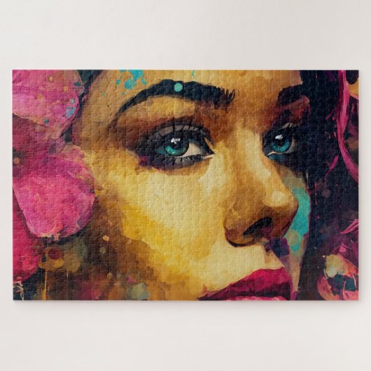 Bold Pink Hibiscus en vrouw Abstract Portret Legpuzzel (Horizontaal)