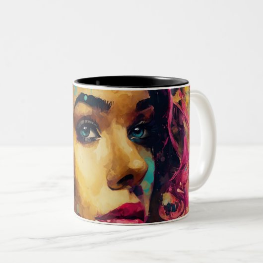 Bold Pink Hibiscus en vrouw Abstract Portret Tweekleurige Koffiemok (Voorkant rechts)