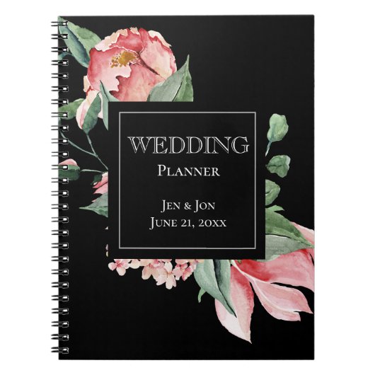 Bold Pink Magnolia op Black Wedding Planner Notitieboek (Voorkant)