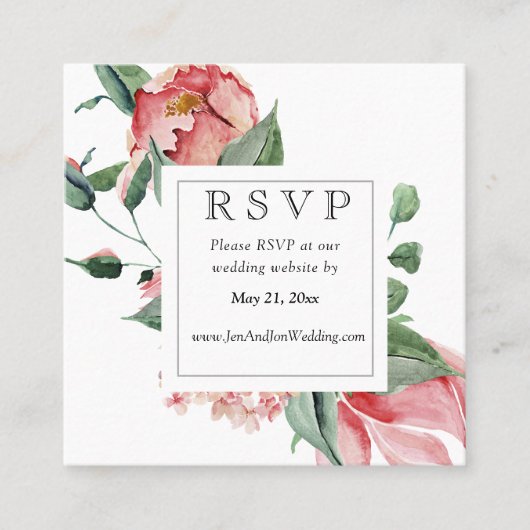 Bold Pink Magnolia Wedding Website RSVP Vierkante Visitekaartje (Voorkant)