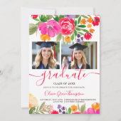 Bold Pink Orange Boho Floral 2-Photo Graduation Kaart (Voorkant)