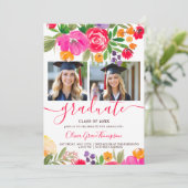 Bold Pink Orange Boho Floral 2-Photo Graduation Kaart (Staand voorkant)