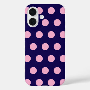 Bold Pink Polka Dots op Navy Blue iPhone 16 Hoesje