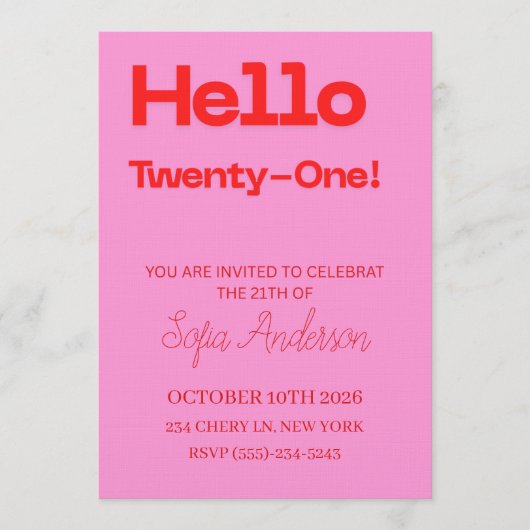 Bold Pink Red 21st Birthday Invite Kaart (Voorkant)