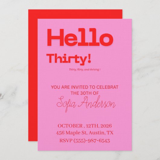 Bold Pink Red 30th Birthday Invite Kaart (Voorkant / Achterkant)