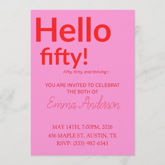 Bold Pink Red 50th Birthday Invite Kaart (Voorkant)