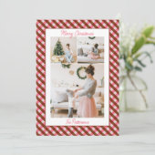 Bold Pink & Red Gingham Plaid 3 Photo Christmas Feestdagenkaart (Staand voorkant)