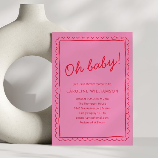 Bold Pink Red Modern Whimsical Border Baby Shower Kaart