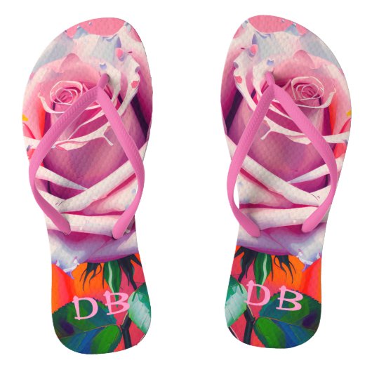 Bold Pink Rose Bohemian Artsy Floral Monogramed Teenslippers (Voetbed)