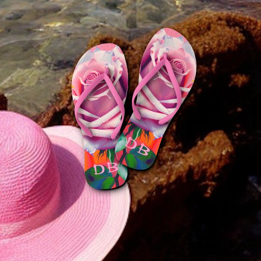 Bold Pink Rose Bohemian Artsy Floral Monogramed Teenslippers