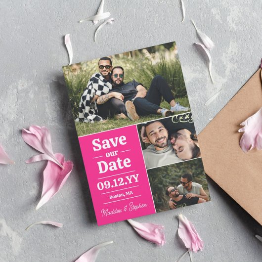 Bold Pink Typografie Foto Collage Save the Date