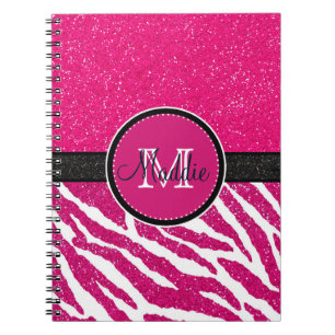BOLD PINK ZEBRA STRIPES NAME PINK GLITTER NOTITIEBOEK