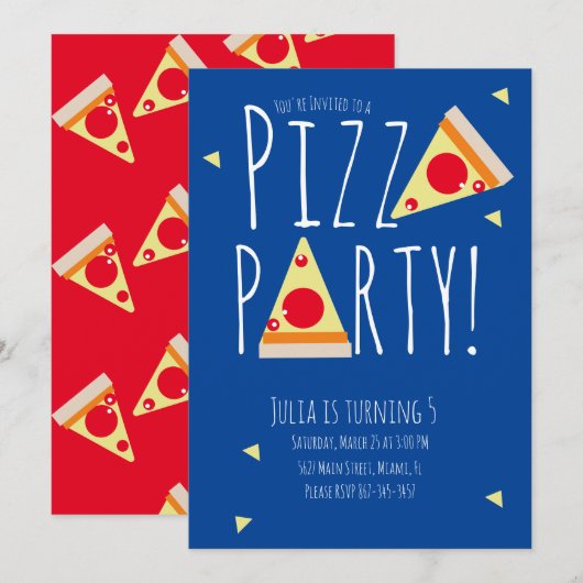 Bold Pizza Birthday Party Restaurant Blue Red Kaart (Voorkant / Achterkant)