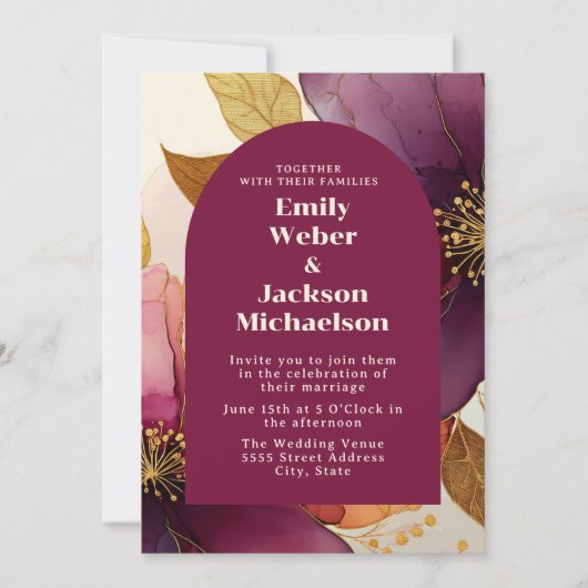 Bold Plum Gouden Bloemboog Trouwen Kaart (Voorkant)