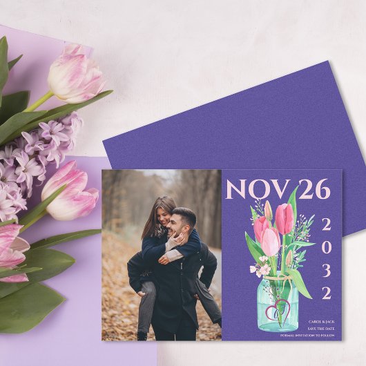 Bold Purple & Blush Floral Photo Save the Date Aankondiging
