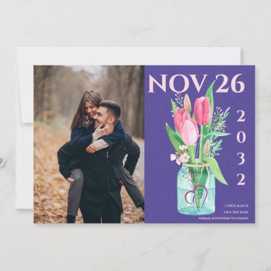Bold Purple & Blush Floral Photo Save the Date Aankondiging (Voorkant)
