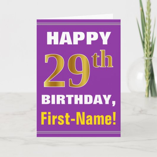 Bold, Purple, Faux Gold 29th Birthday w/ Name Card Kaart (Voorkant)