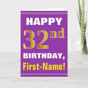 Bold, Purple, Faux Gold 32nd Birthday w/ Name Card Kaart