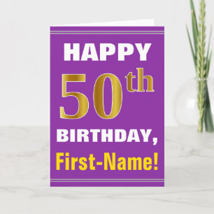 Bold, Purple, Faux Gold 50th Birthday w/ Name Card Kaart