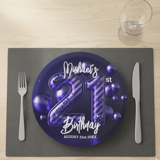 Bold Purple Glitter Striped 21st Birthday Papieren Bordje