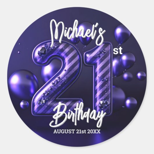 Bold Purple Metallic Glitter Striped 21st Birthday Ronde Sticker (Voorkant)
