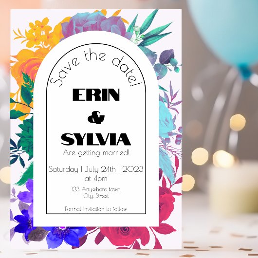 Bold Rainbow Floral Wedding Save The Date
