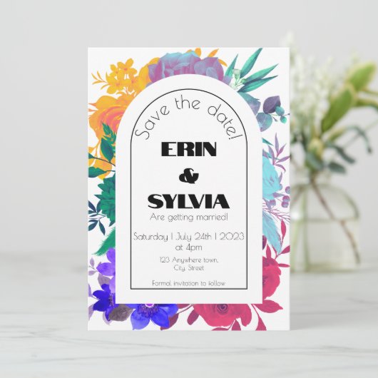 Bold Rainbow Floral Wedding Save The Date (Staand voorkant)