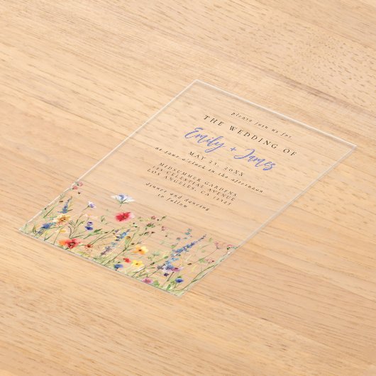 Bold Rainbow Wildflower Wedding Acryl Uitnodigingen (Laagn)