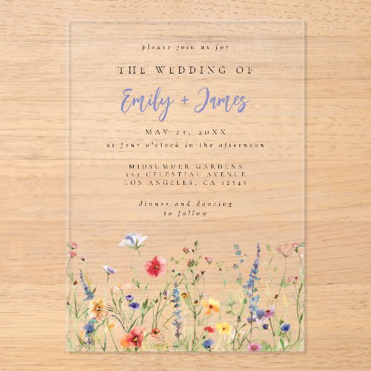 Bold Rainbow Wildflower Wedding Acryl Uitnodigingen (Voorkant)