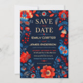 Bold Red and Blue Floral Save The Date (Voorkant)