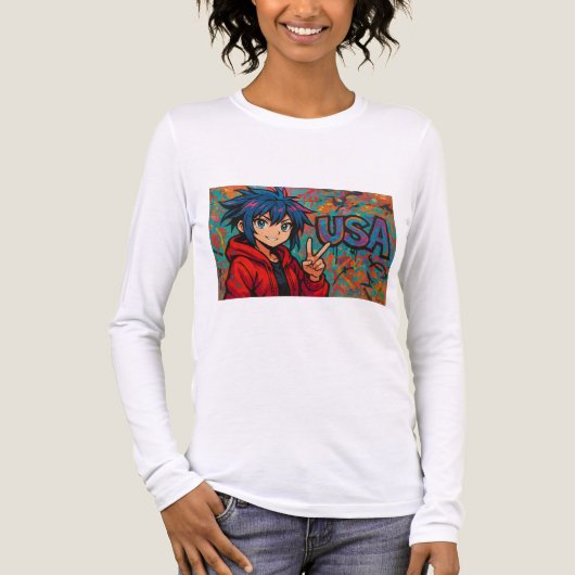 Bold Red Anime USA Graphic T-Shirt (Voorkant volledig)